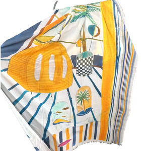 Inouitoosh Alma Scarf Blue Yellow 100% Cotton Home Art Fringe Colorful Whimsical